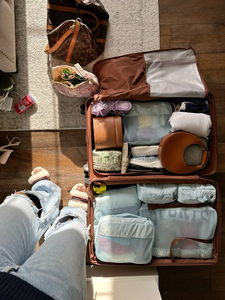 Open suitcase packed with organized travel pieces in warm sunlight