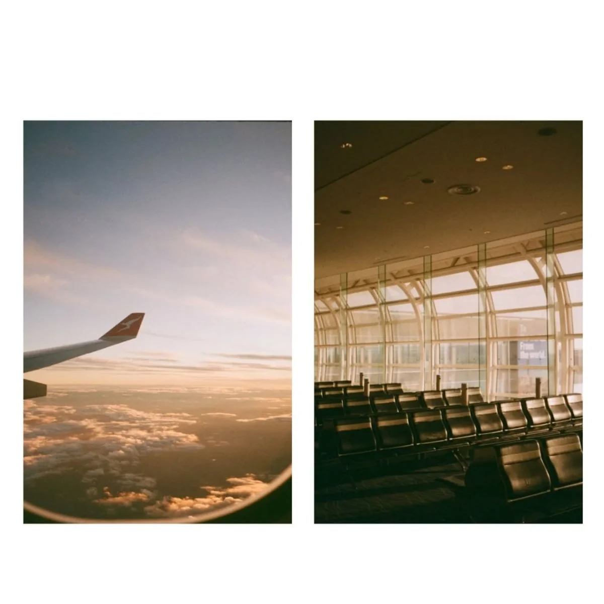 Warm travel diptych showing an airplane window view and quiet airport seating